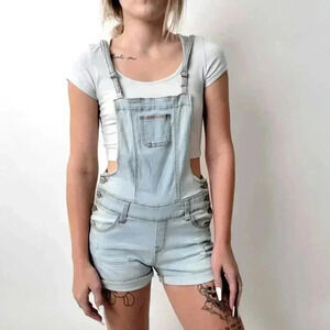 Light Wash Wax Jean Overalls Shortalls - M